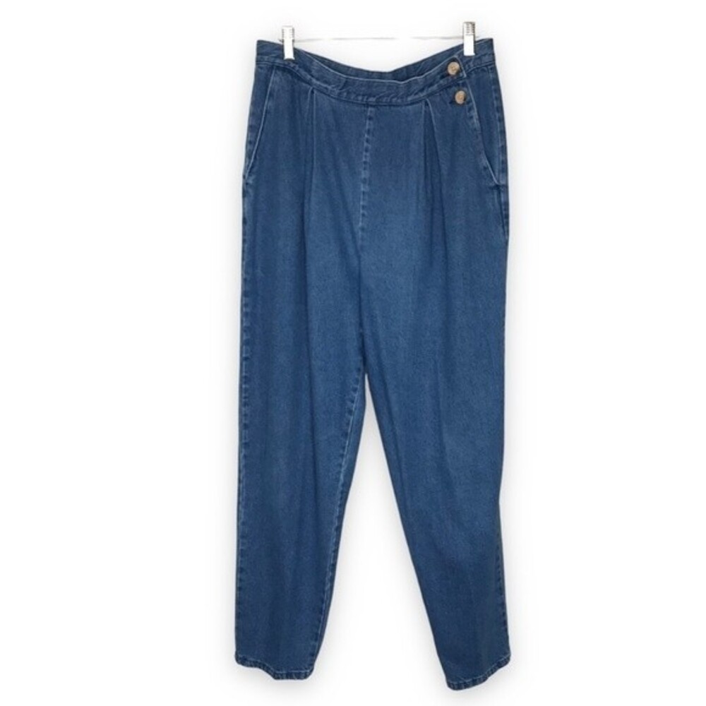 Vintage Mom Jeans Pleated High Waist Tapered Leg Side Button 80s Denim Women 16